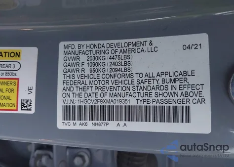 2021 Honda Accord Touring from USA, damaged, VIN 1HGCV2F9XMA019351